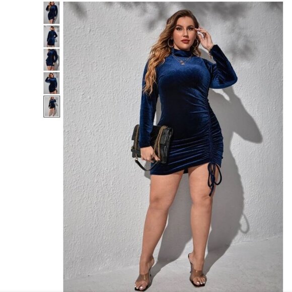 Plus Size Mock Neck Drawstring Front Velvet Bodycon Dress - Size 4X - Picture 1 of 11